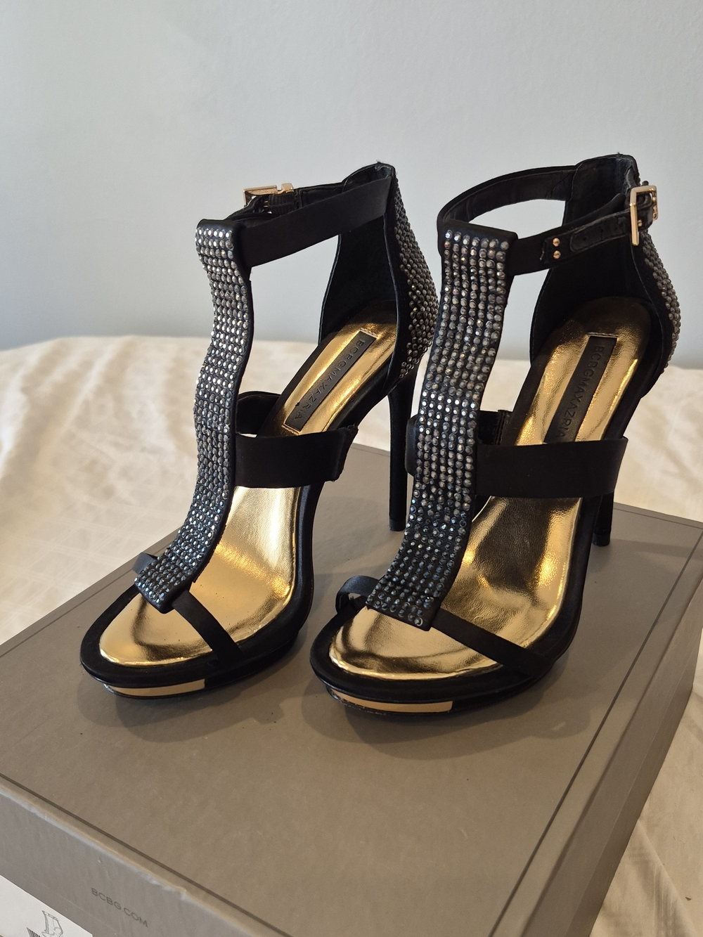 BCBGMaxAzria Black Crystal T-Strap High Heel Sandals with Gold Footbed
